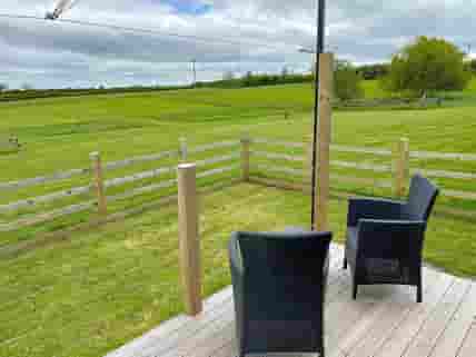 Decking with far reaching views over the farmland and the Mendip Hills