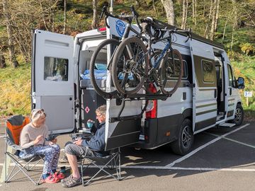 Motor home pitches in the Trossachs Pier Car Park at Loch Katrine.