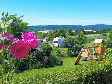 Flowers and children's play with camping places in the background