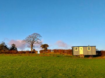 The Musterer's hut sits in the corner of the field with wonderful views of the Tywi Valley.