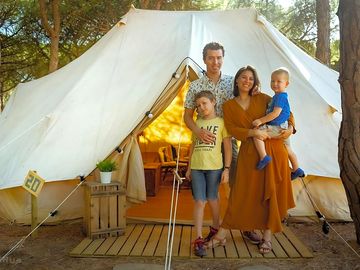 A family outside the tent