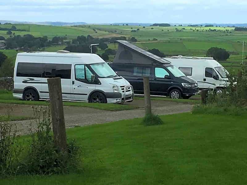 Campervans lined up in a field