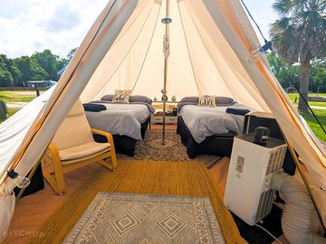 Glamping made easy, real beds, ac, and nature right outside your door.