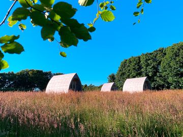 Camping pods on sunny afternoon