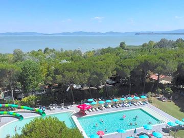 New waterpark with waterslides and lakeview
