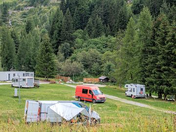 Pitches surrounded by evergreen trees
