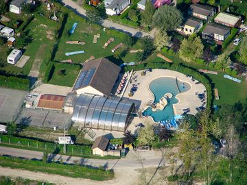 Drone view of the campsite’s indoor and outdoor pool