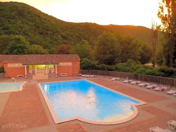 Swimming pool at sunset