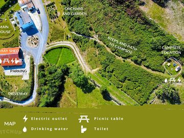 Map of dromore hill farm, including hay shed facilities, parking and hillside campsite.