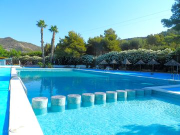 Outdoor swimming pool with space to sunbathe or relax under the shade of trees