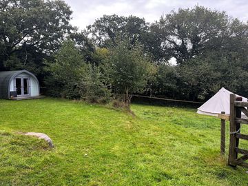 Escape pod and bell tent share the same bathroom/ kitchenette but have plenty of their own space.