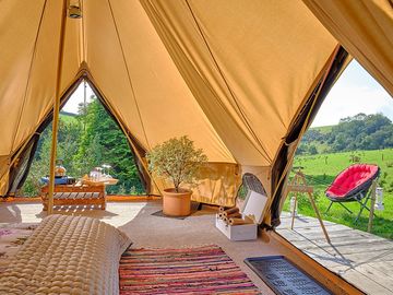 Inside one of the bell tents