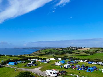 View over the campsite towards hemmick beach