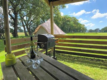 Barbecue and picnic table under cover