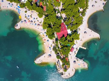 From the air, campsite restaurant and beach area