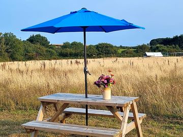 Picnic bench and view over field