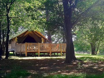 Safari tent with wooden deck