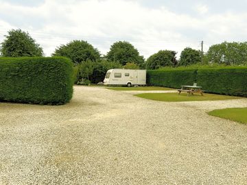 Hardstanding pitches divided by hedges