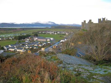 Harlech castle with snowdonia view