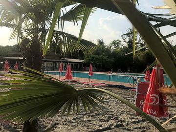 Outdoor swimming pool with sun loungers and umbrellas