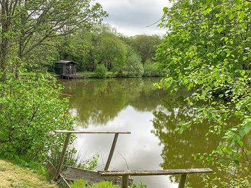 View of the lake and fishing cabin