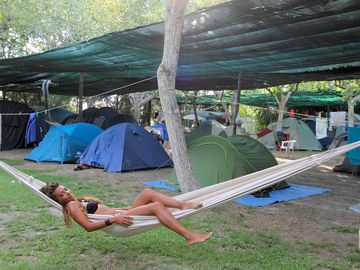 Tent pitches shaded by a gazebo