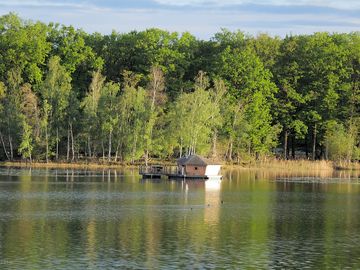 Lodge with decking on the pond
