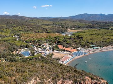 Aerial view of campsite and beach