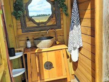 Bathroom sink and shower & storage