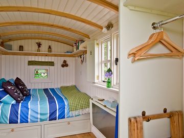 View of the shepherd's hut with table folded away