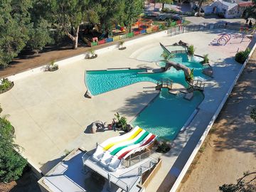 Aerial view of the pool and splash pad