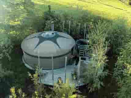 Bird's eye view of yurt and private woodfired hot tub