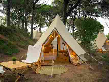 Bell tent pitches shaded by trees