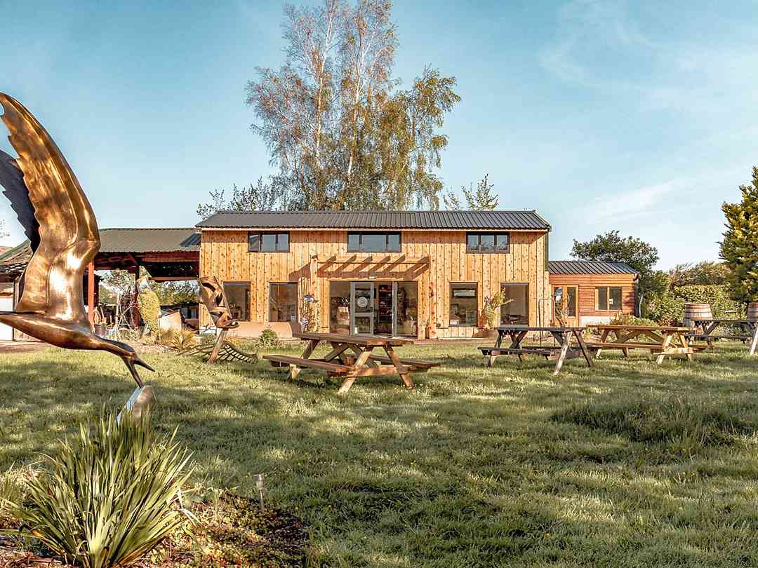 The cider garden/sculpture garden with the tasting room, tap room and farm shop behind (photo added by manager on 16/09/2022) Dorset Nectar Orchard Campsite: The cider garden/sculpture garden with the tasting room, tap room and farm shop behind (photo added by manager on 16/09/2022)