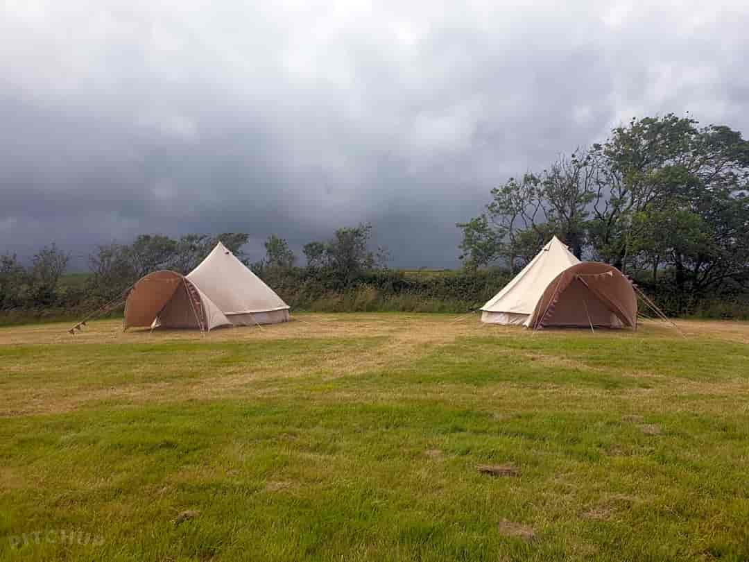 West Down Views Campsite: Our Bell Tents on a cloudy afternoon