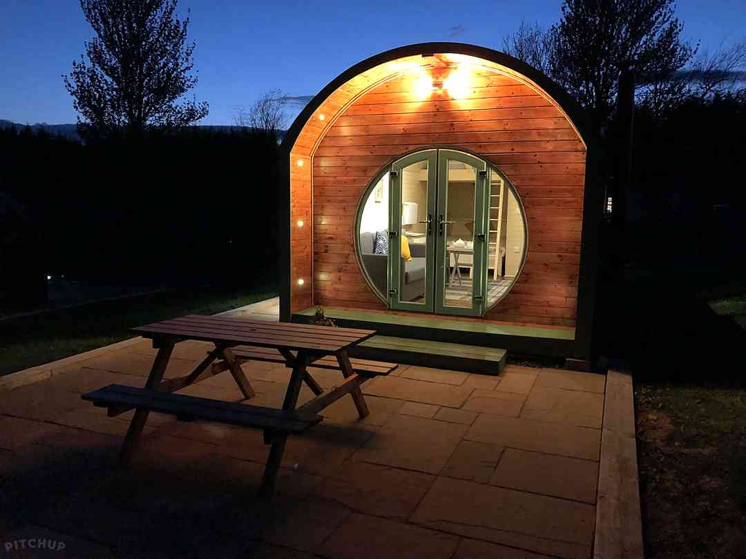 Barnharrow Holiday Pods: Outside area with LED lighting
