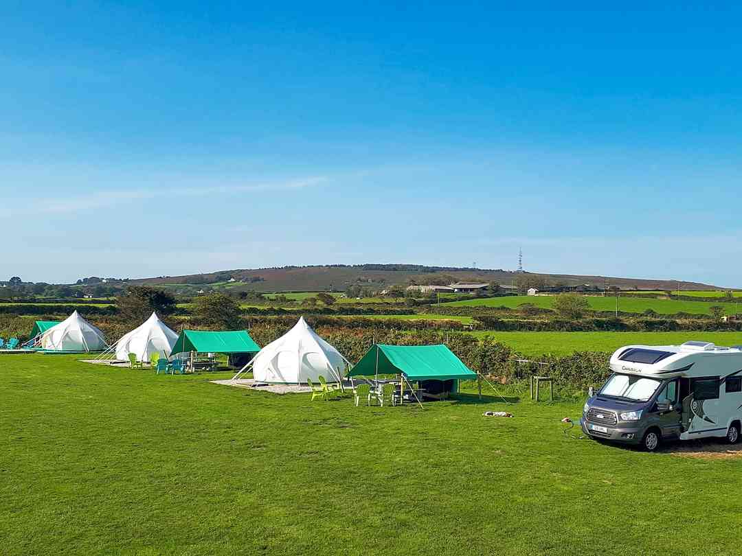 Stithians Lake Campsite: Aerial view of the lotus bell tents' area