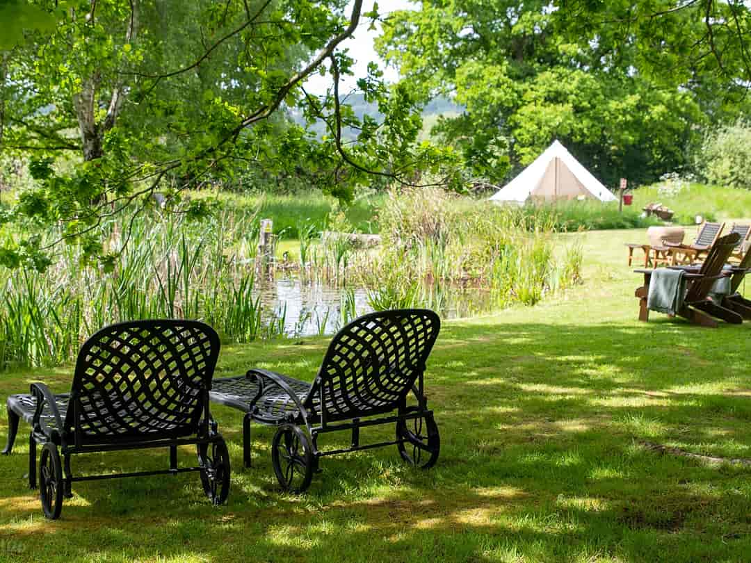 Bluebell Retreat Glamping: Relaxing around the nature pond in the meadow. View of the bell tent 'chill out area'