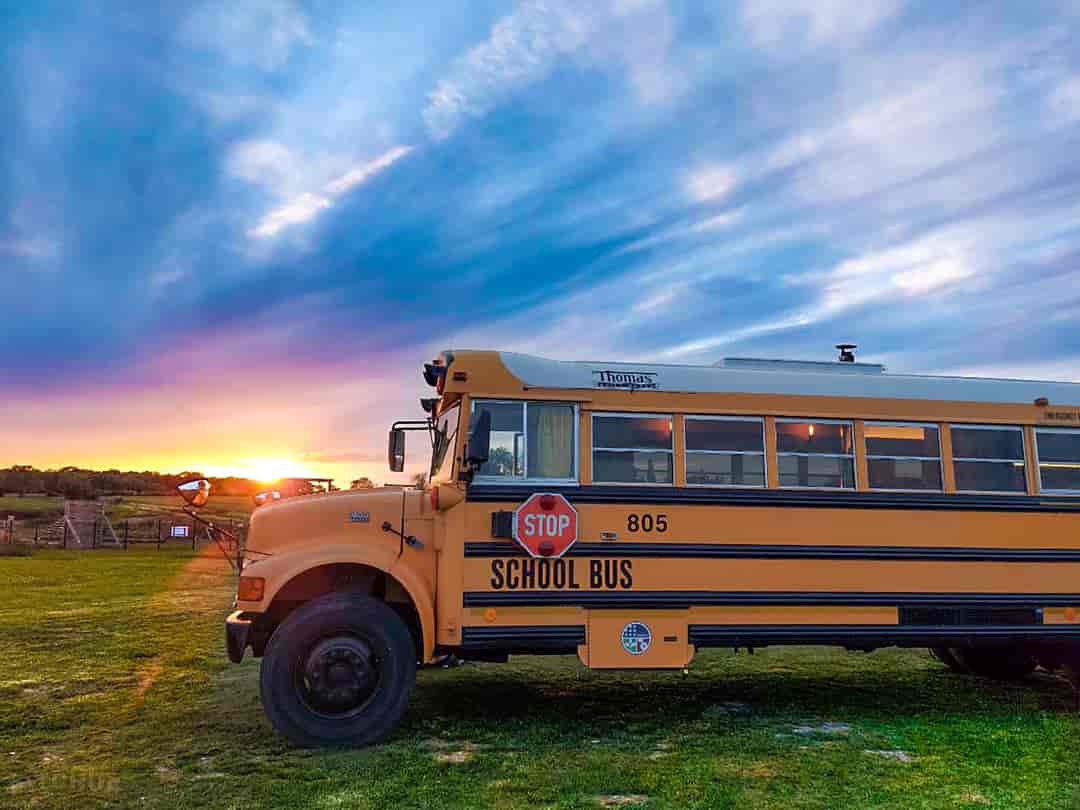 American School Bus Glamping at Isle of Wight: School bus at sunset (photo added by manager on 02/02/2023)