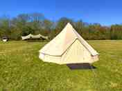Bell tent with communal stretch tent and sauna in the background
