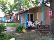 Wooden lodges with outdoor furniture