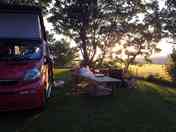 Set up for the night, ready to eat pizza, watch the sun set and enjoy the fire.
