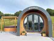 Front view of the pod and hot tub