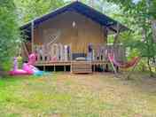 Safari tent shaded by trees