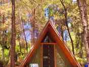 The exterior of the A-frame cabin