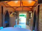 Kitchen and dining space in the safari tent