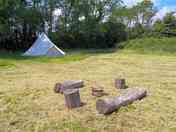 Bell tent and log seating area