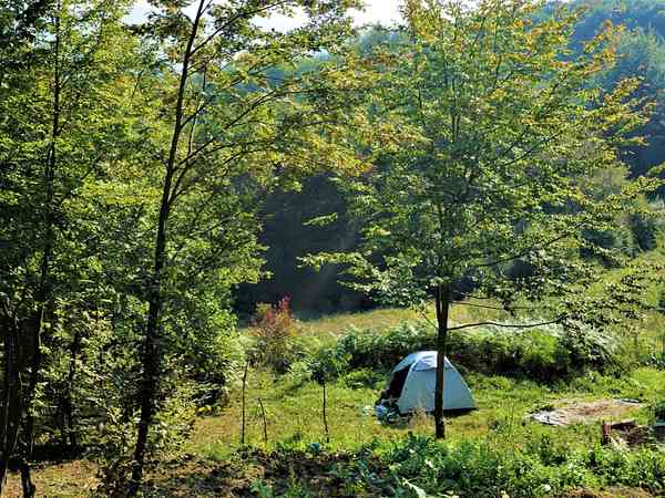 Non-electric grass and earth tent pitch