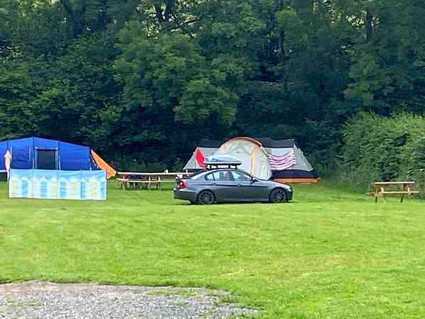 Befestigter und grasbewachsener Wohnwagen-Stellplatz mit Stromanschluss