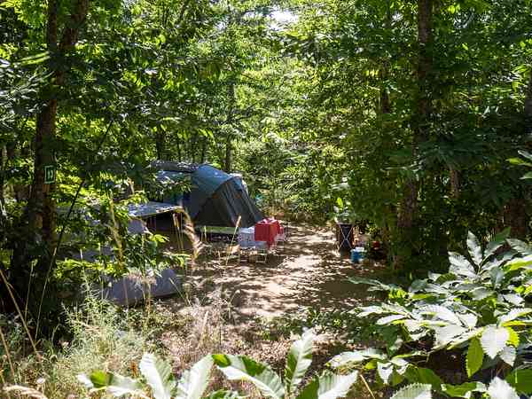 Emplacement pour tente ou pour caravane pliante sur herbe et sur sol en terre avec électricité optionnelle